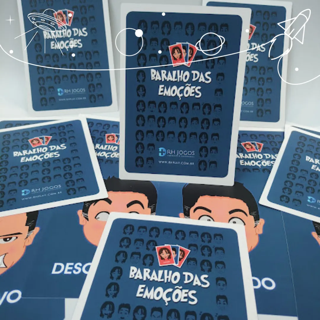 Baralho das Emoções da RHJOGOS para dinâmicas de grupo, desenvolvimento emocional, team building e identificação de sentimentos.
