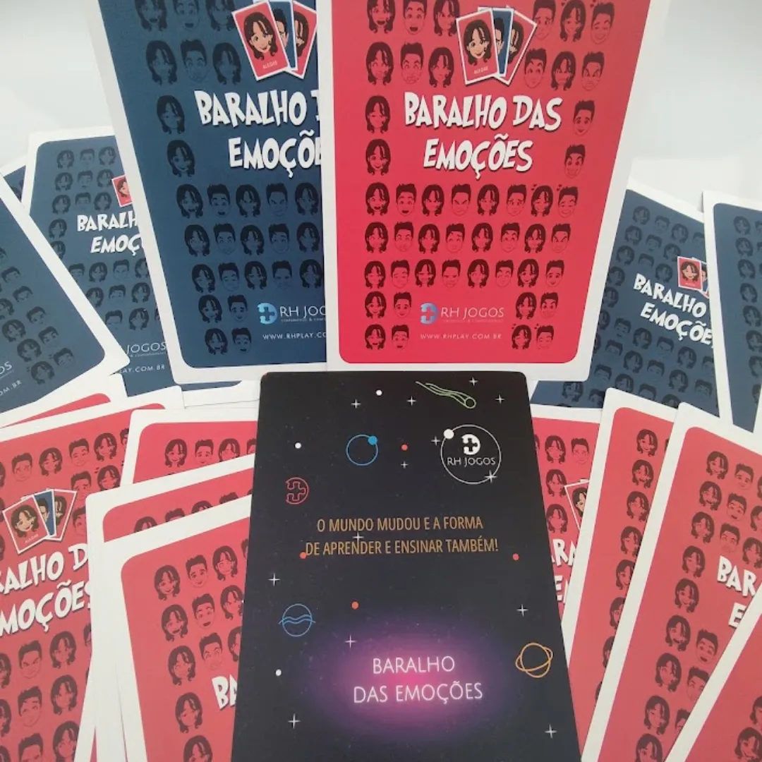 Baralho das Emoções da RHJOGOS para dinâmicas de grupo, desenvolvimento emocional, team building e identificação de sentimentos.