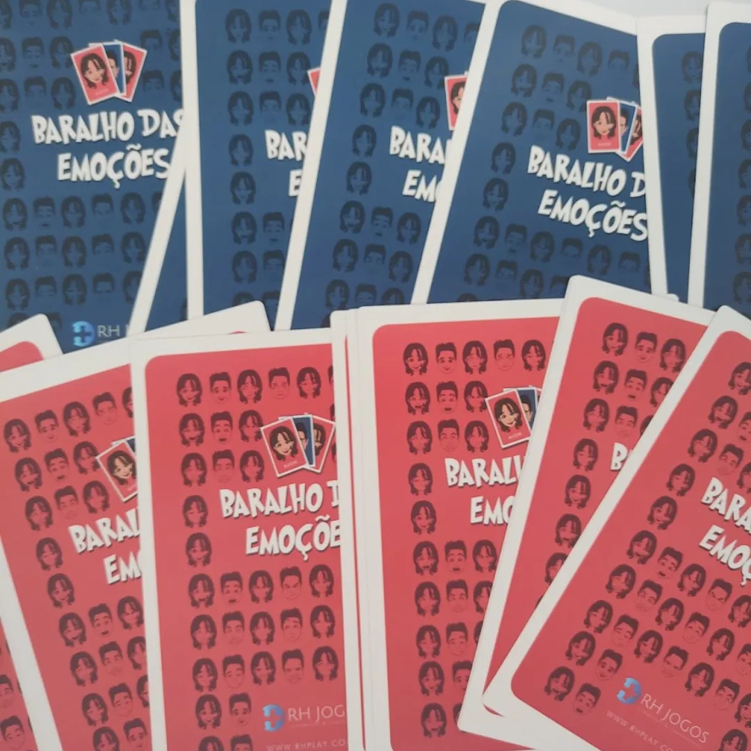 Baralho das Emoções da RHJOGOS para dinâmicas de grupo, desenvolvimento emocional, team building e identificação de sentimentos.
