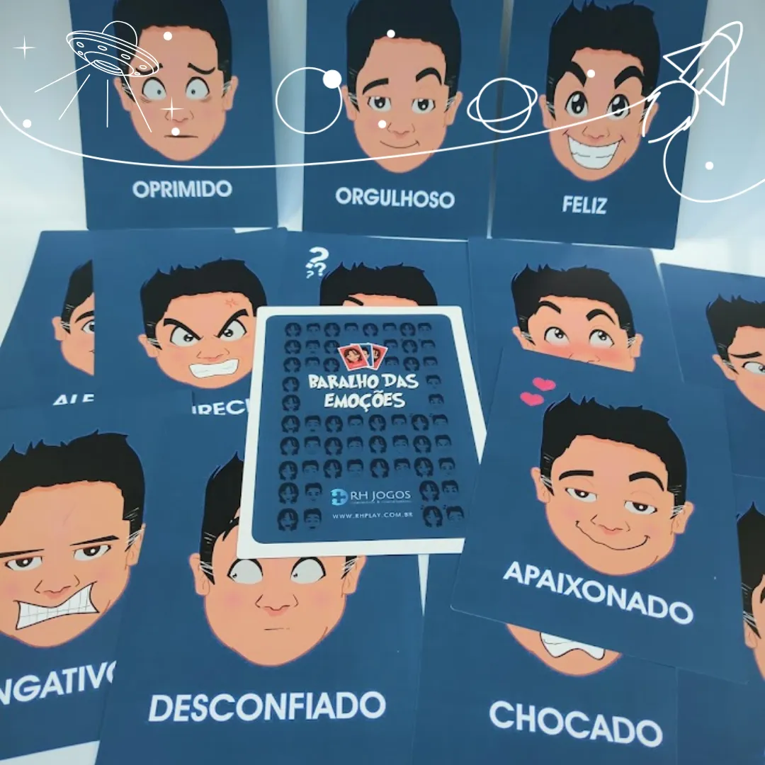 Baralho das Emoções da RHJOGOS para dinâmicas de grupo, desenvolvimento emocional, team building e identificação de sentimentos.