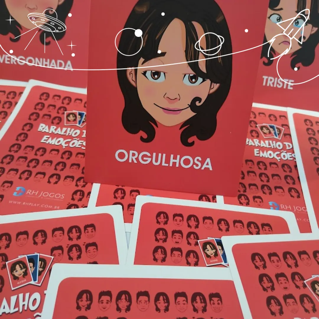 Baralho das Emoções da RHJOGOS para dinâmicas de grupo, desenvolvimento emocional, team building e identificação de sentimentos.