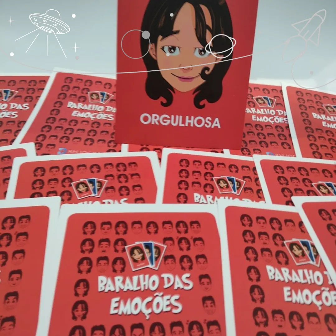 Baralho das Emoções da RHJOGOS para dinâmicas de grupo, desenvolvimento emocional, team building e identificação de sentimentos.