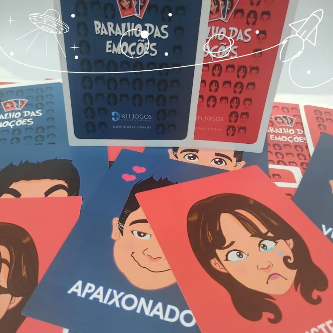 Baralho das Emoções da RHJOGOS para dinâmicas de grupo, desenvolvimento emocional, team building e identificação de sentimentos.