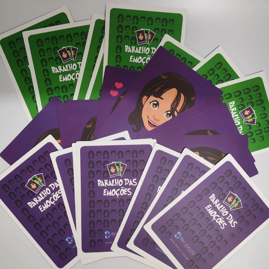 Baralho das Emoções da RHJOGOS para dinâmicas de grupo, desenvolvimento emocional, team building e identificação de sentimentos.