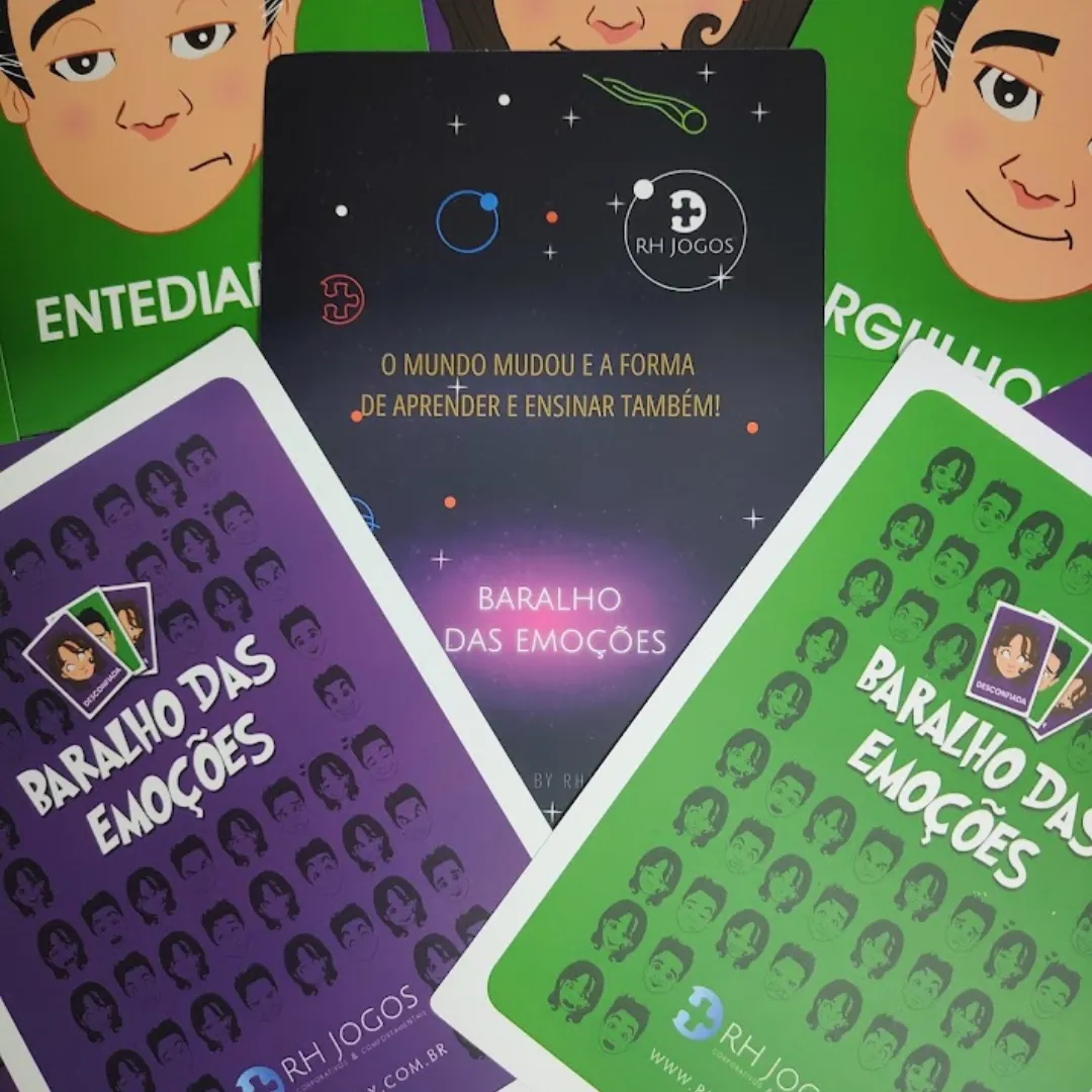 Baralho das Emoções da RHJOGOS para dinâmicas de grupo, desenvolvimento emocional, team building e identificação de sentimentos.