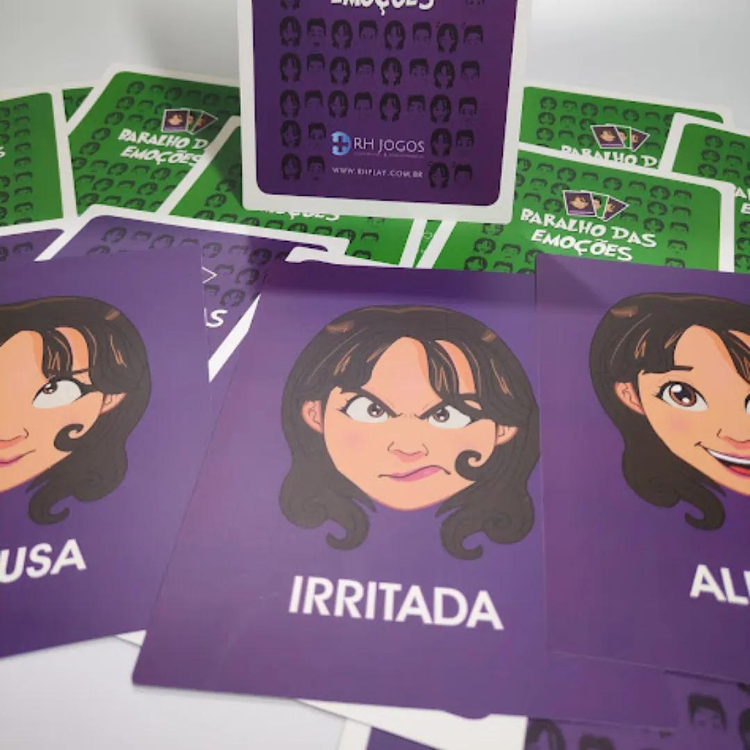 Baralho das Emoções da RHJOGOS para dinâmicas de grupo, desenvolvimento emocional, team building e identificação de sentimentos.