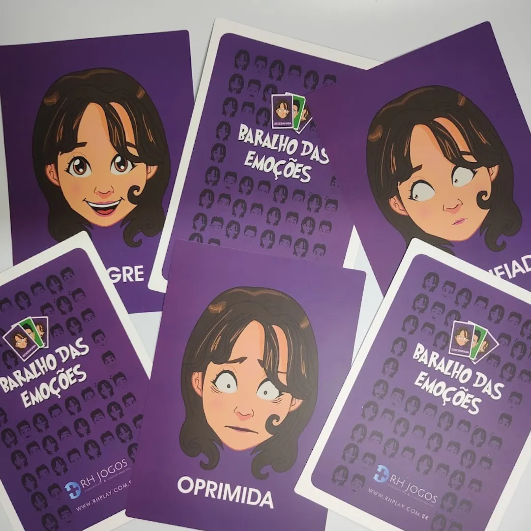 Baralho das Emoções da RHJOGOS para dinâmicas de grupo, desenvolvimento emocional, team building e identificação de sentimentos.