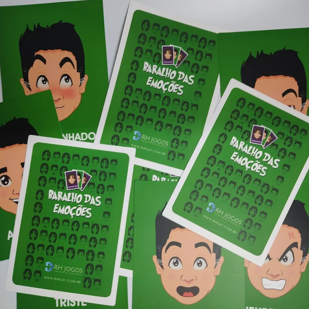 Baralho das Emoções da RHJOGOS para dinâmicas de grupo, desenvolvimento emocional, team building e identificação de sentimentos.