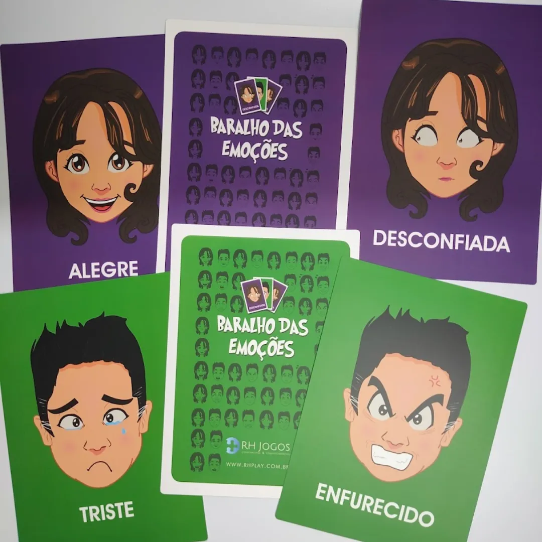 Baralho das Emoções da RHJOGOS para dinâmicas de grupo, desenvolvimento emocional, team building e identificação de sentimentos.