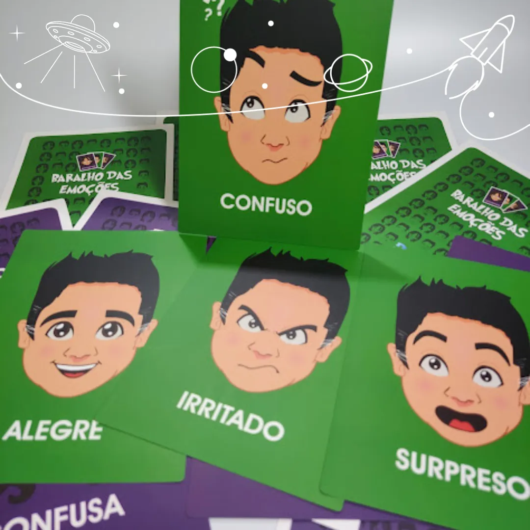 Baralho das Emoções da RHJOGOS para dinâmicas de grupo, desenvolvimento emocional, team building e identificação de sentimentos.