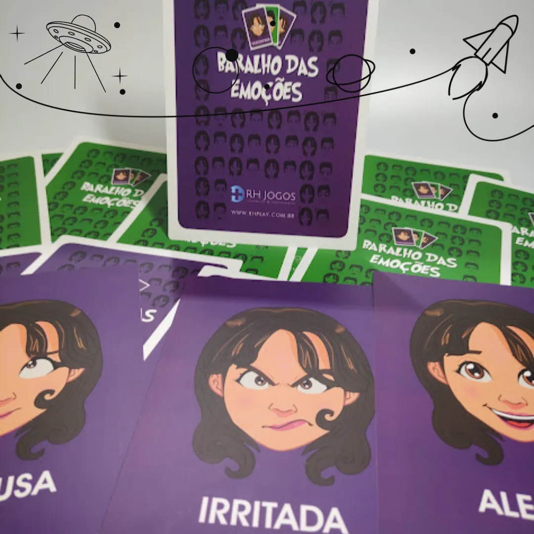 Baralho das Emoções da RHJOGOS para dinâmicas de grupo, desenvolvimento emocional, team building e identificação de sentimentos.