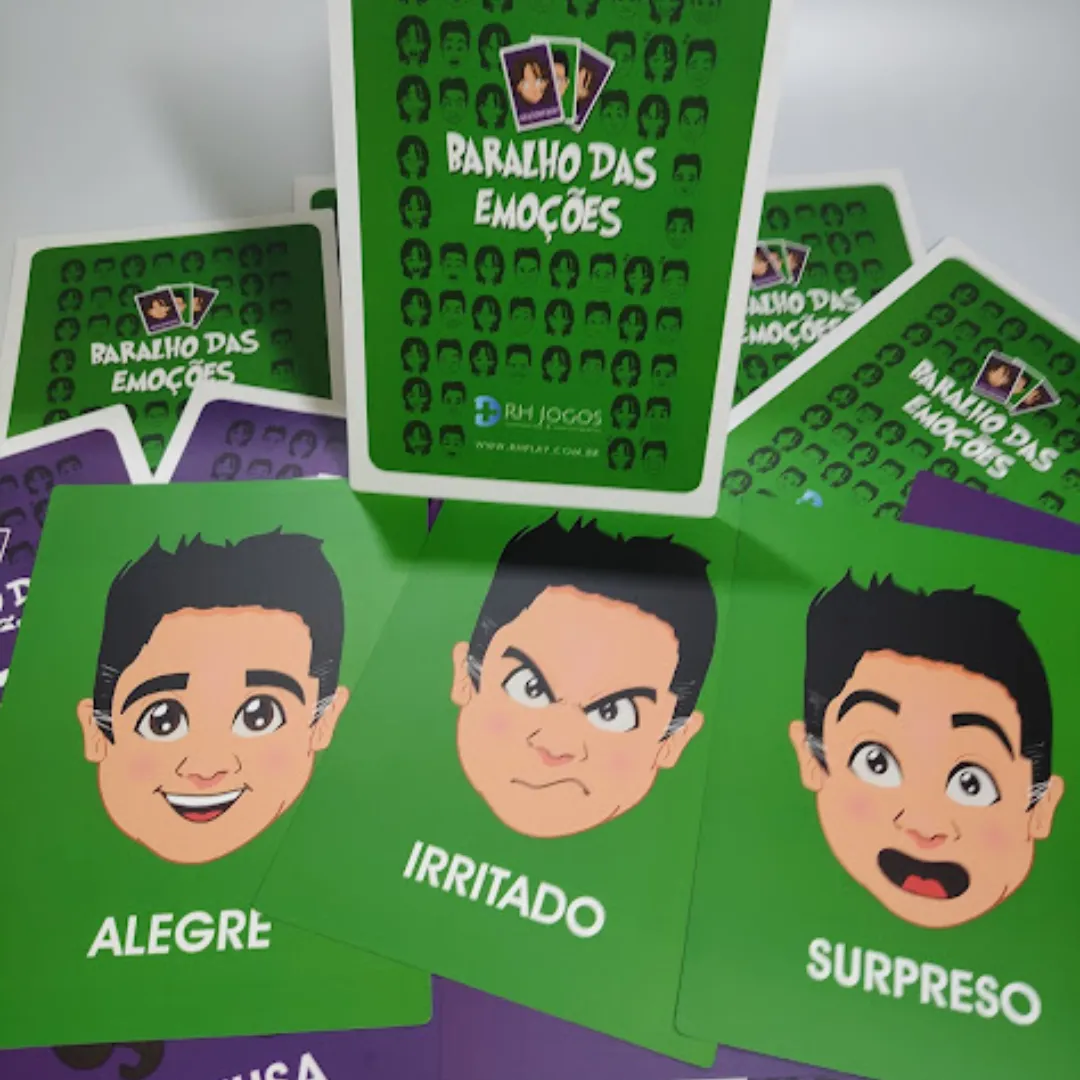 Baralho das Emoções da RHJOGOS para dinâmicas de grupo, desenvolvimento emocional, team building e identificação de sentimentos.