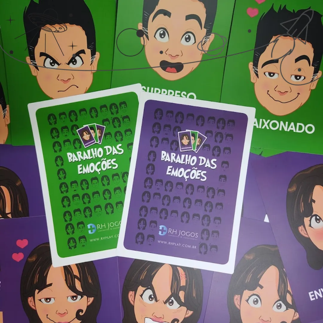 Baralho das Emoções da RHJOGOS para dinâmicas de grupo, desenvolvimento emocional, team building e identificação de sentimentos.