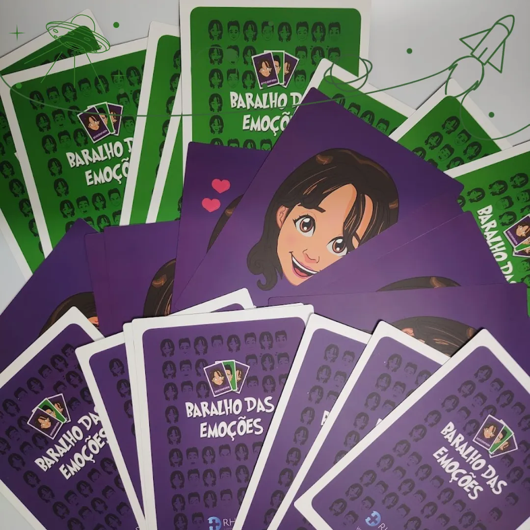 Baralho das Emoções da RHJOGOS para dinâmicas de grupo, desenvolvimento emocional, team building e identificação de sentimentos.
