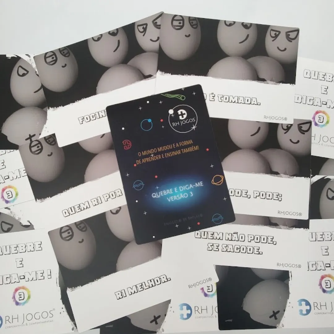 Jogo Quebre e Diga-me da RHJOGOS – cartas impressas de ditados populares para trabalhar, ressignificação, reflexão e quebra de crenças limitantes, excelente quebra gelo para palestras e atividades de autoconhecimento.