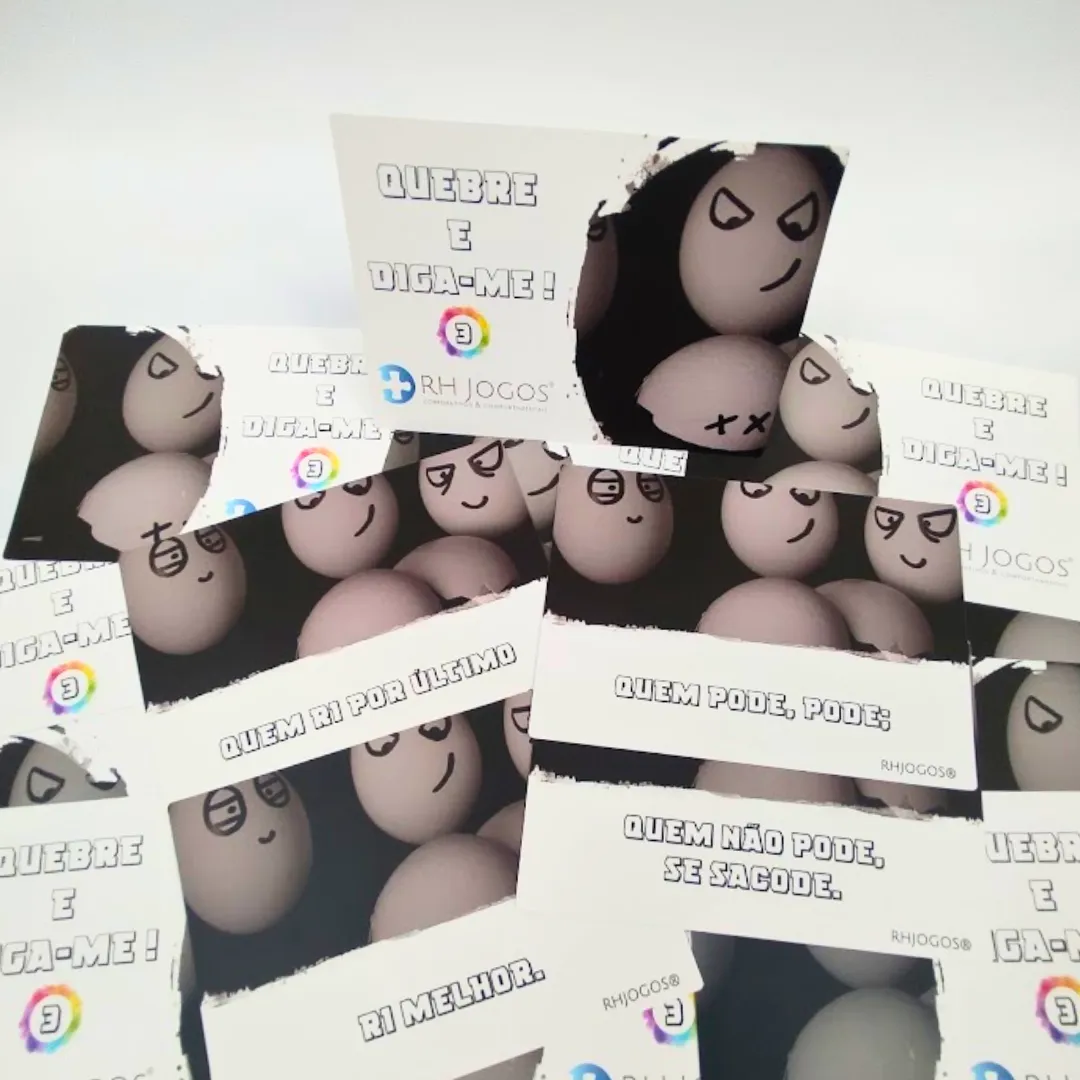 Jogo Quebre e Diga-me da RHJOGOS – cartas impressas de ditados populares para trabalhar, ressignificação, reflexão e quebra de crenças limitantes, excelente quebra gelo para palestras e atividades de autoconhecimento.