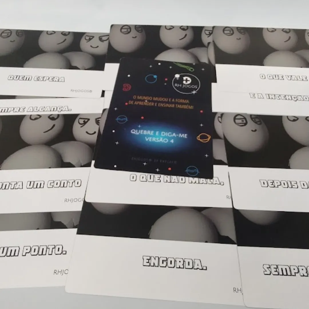 Jogo Quebre e Diga-me da RHJOGOS – cartas impressas de ditados populares para trabalhar, ressignificação, reflexão e quebra de crenças limitantes, excelente quebra gelo para palestras e atividades de autoconhecimento.