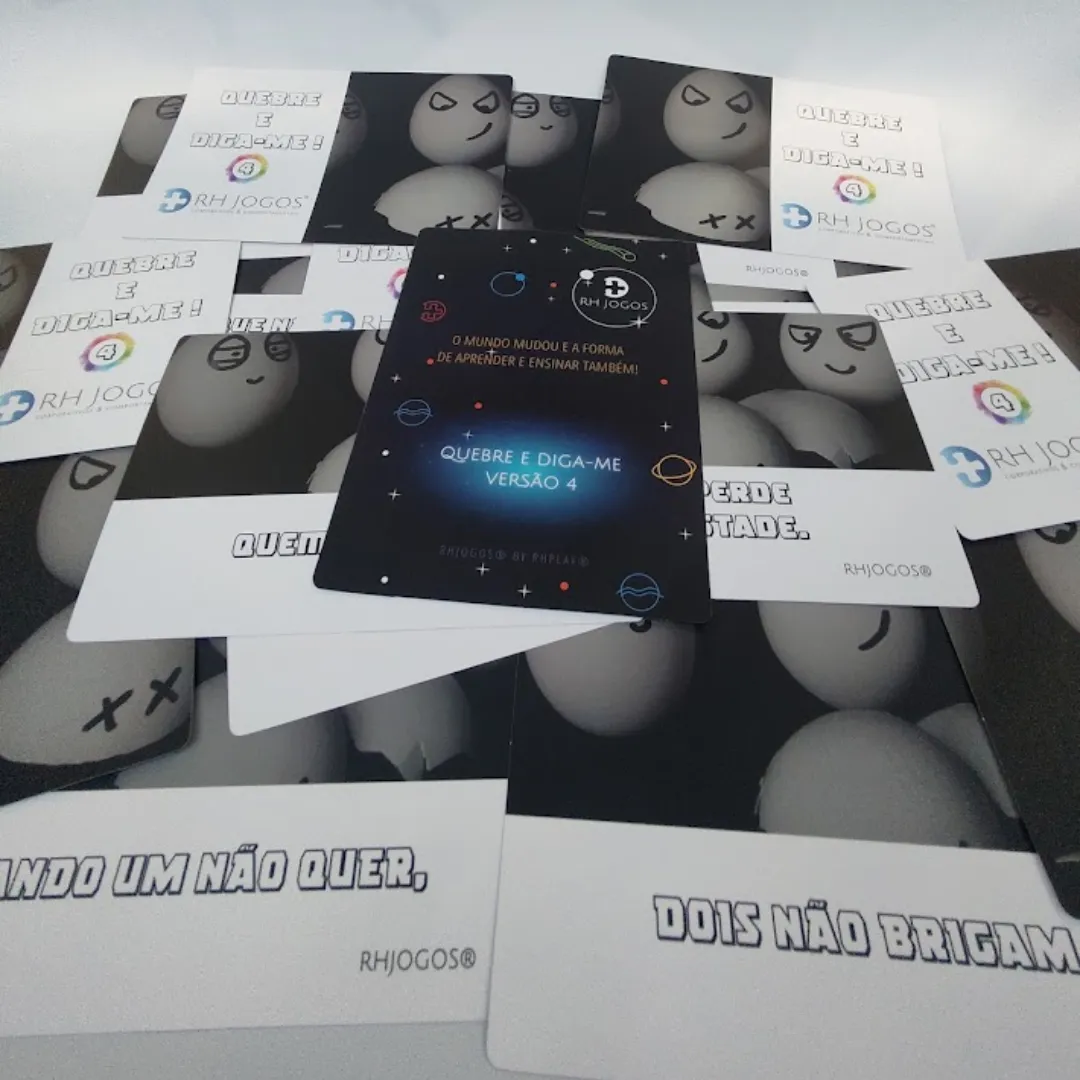 Jogo Quebre e Diga-me da RHJOGOS – cartas impressas de ditados populares para trabalhar, ressignificação, reflexão e quebra de crenças limitantes, excelente quebra gelo para palestras e atividades de autoconhecimento.