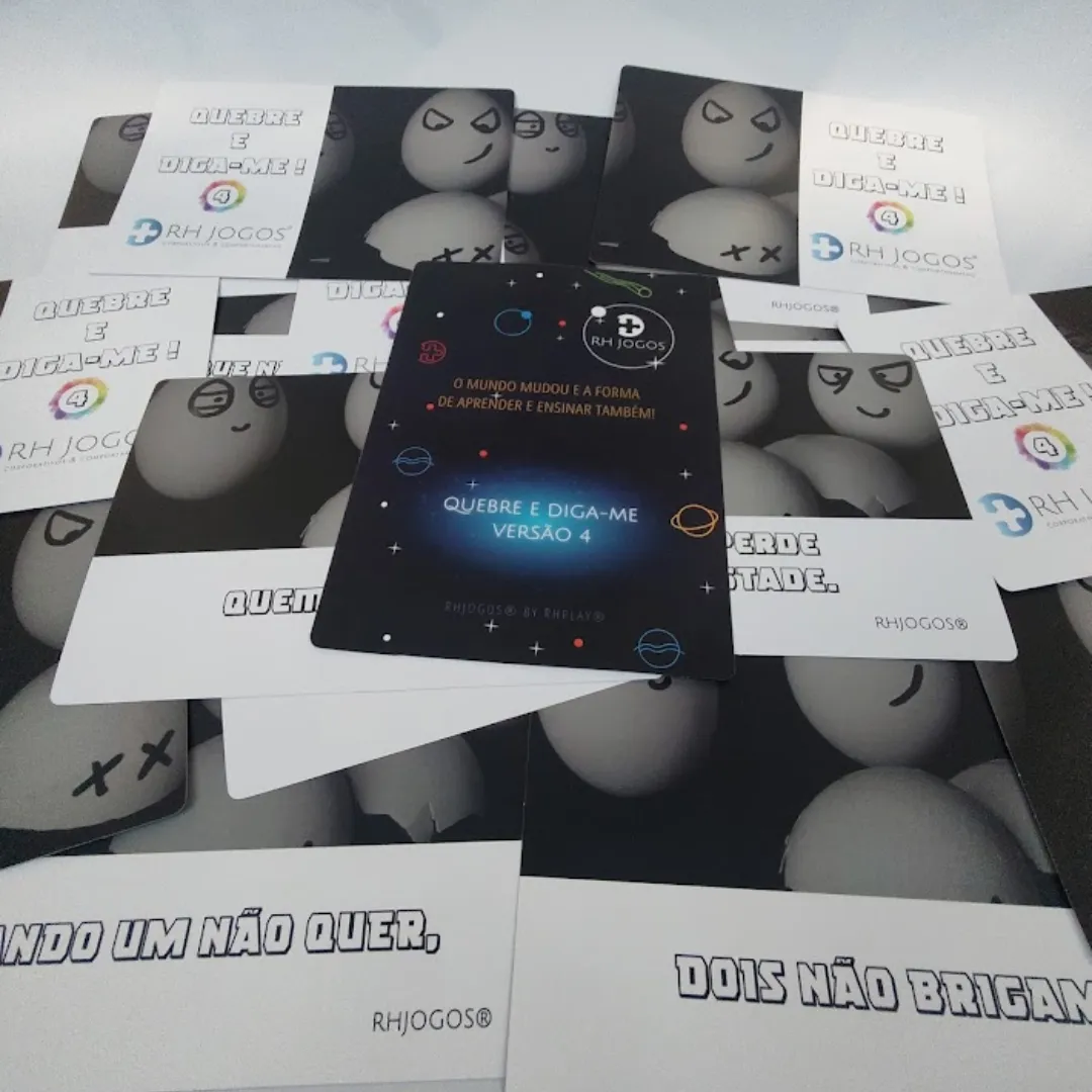Jogo Quebre e Diga-me da RHJOGOS – cartas impressas de ditados populares para trabalhar, ressignificação, reflexão e quebra de crenças limitantes, excelente quebra gelo para palestras e atividades de autoconhecimento.