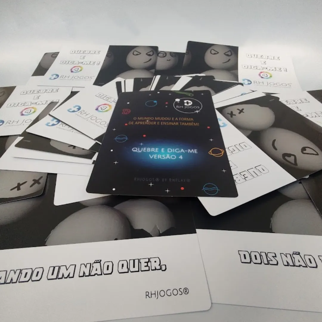 Jogo Quebre e Diga-me da RHJOGOS – cartas impressas de ditados populares para trabalhar, ressignificação, reflexão e quebra de crenças limitantes, excelente quebra gelo para palestras e atividades de autoconhecimento.