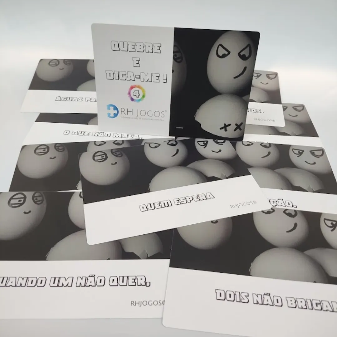 Jogo Quebre e Diga-me da RHJOGOS – cartas impressas de ditados populares para trabalhar, ressignificação, reflexão e quebra de crenças limitantes, excelente quebra gelo para palestras e atividades de autoconhecimento.