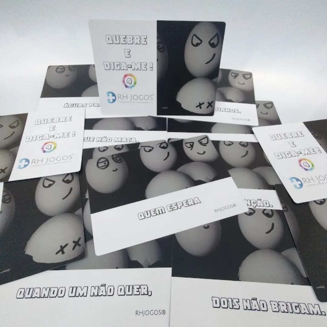 Jogo Quebre e Diga-me da RHJOGOS – cartas impressas de ditados populares para trabalhar, ressignificação, reflexão e quebra de crenças limitantes, excelente quebra gelo para palestras e atividades de autoconhecimento.