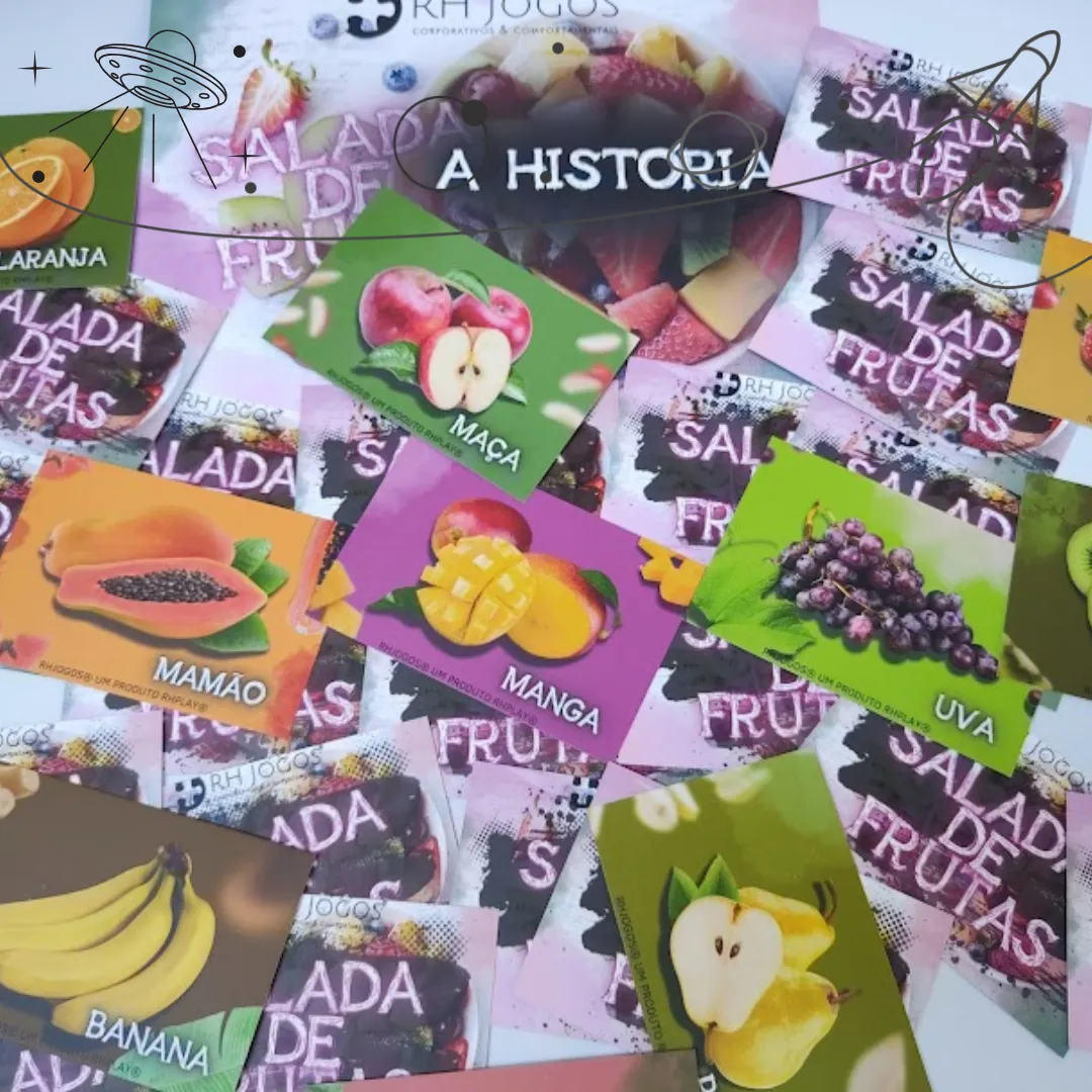 Dinâmica Salada de Frutas da RHJOGOS, atividade lúdica de grupo que utiliza frutas como personagens para promover integração, movimento e diversão em treinamentos.