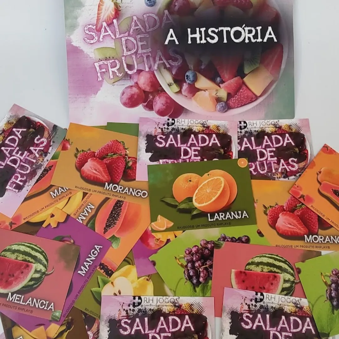 Dinâmica Salada de Frutas da RHJOGOS, atividade lúdica de grupo que utiliza frutas como personagens para promover integração, movimento e diversão em treinamentos.