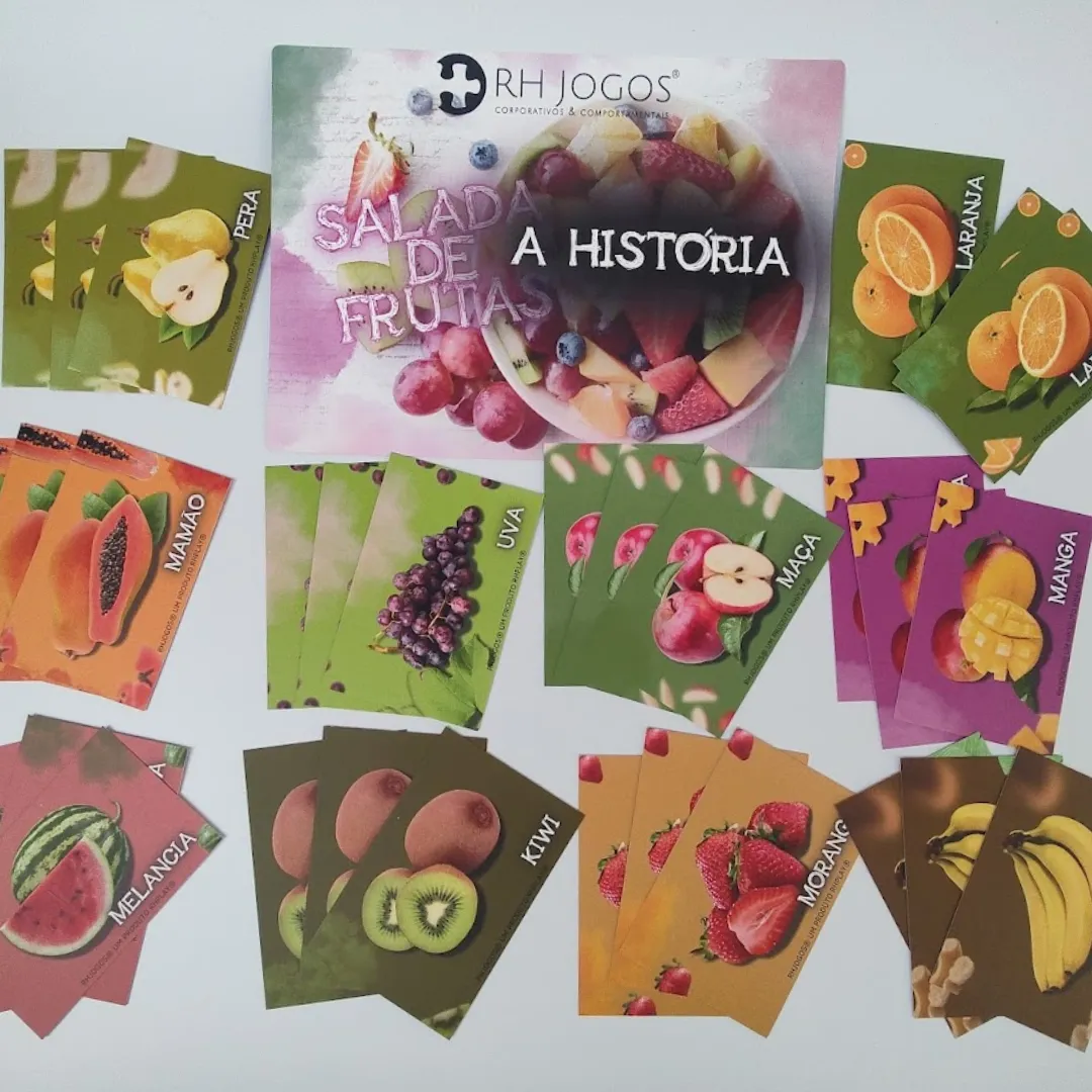 Dinâmica Salada de Frutas da RHJOGOS, atividade lúdica de grupo que utiliza frutas como personagens para promover integração, movimento e diversão em treinamentos.