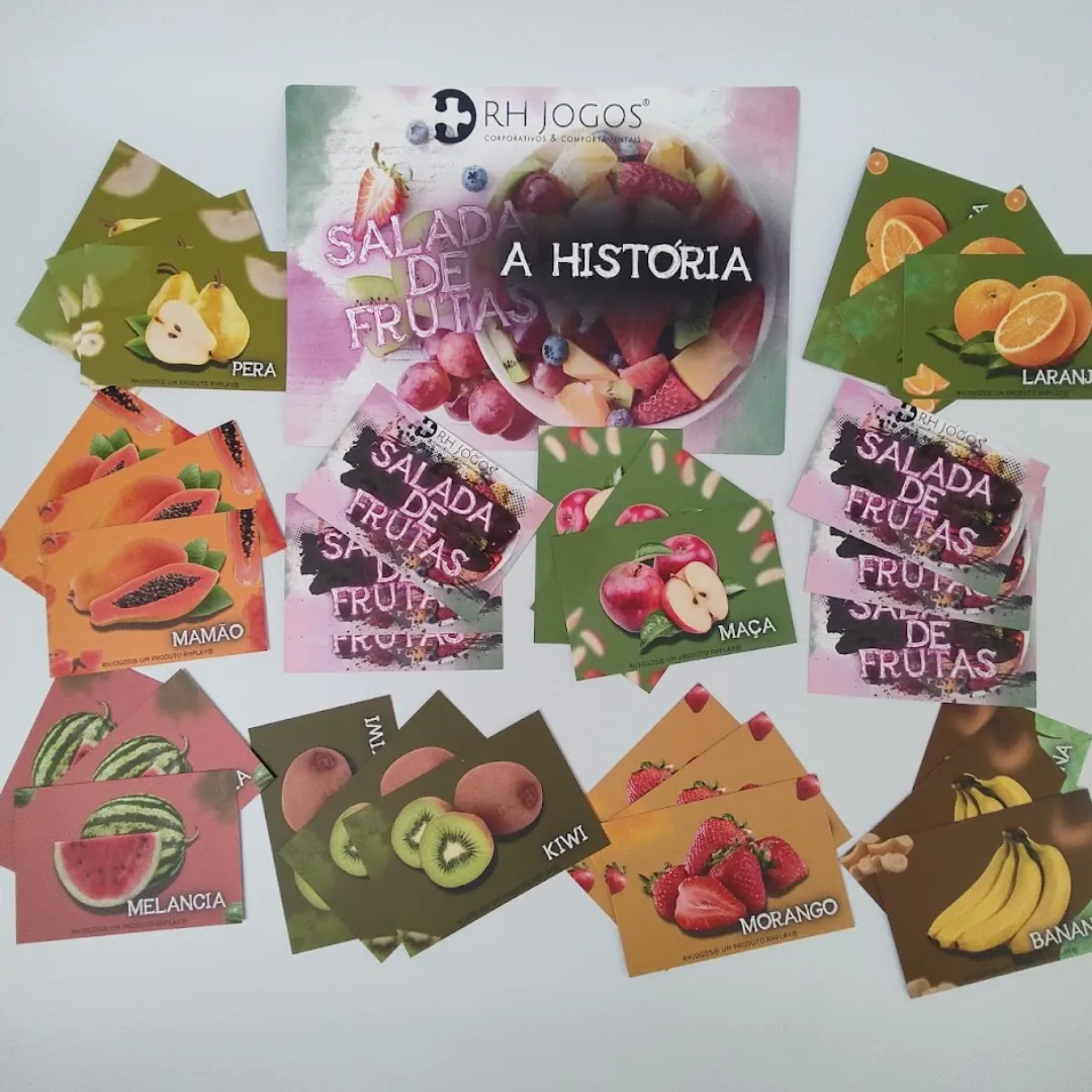 Dinâmica Salada de Frutas da RHJOGOS, atividade lúdica de grupo que utiliza frutas como personagens para promover integração, movimento e diversão em treinamentos.