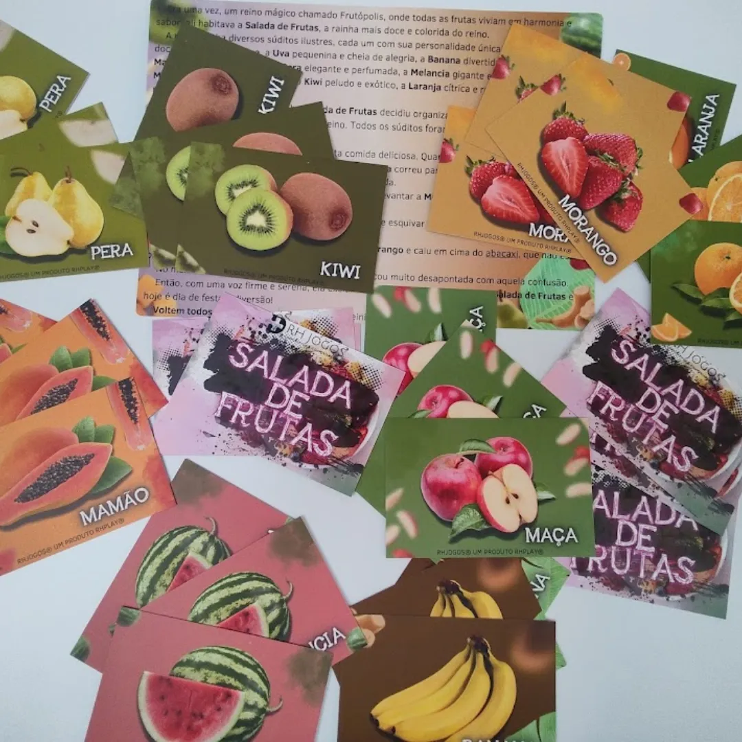 Dinâmica Salada de Frutas da RHJOGOS, atividade lúdica de grupo que utiliza frutas como personagens para promover integração, movimento e diversão em treinamentos.