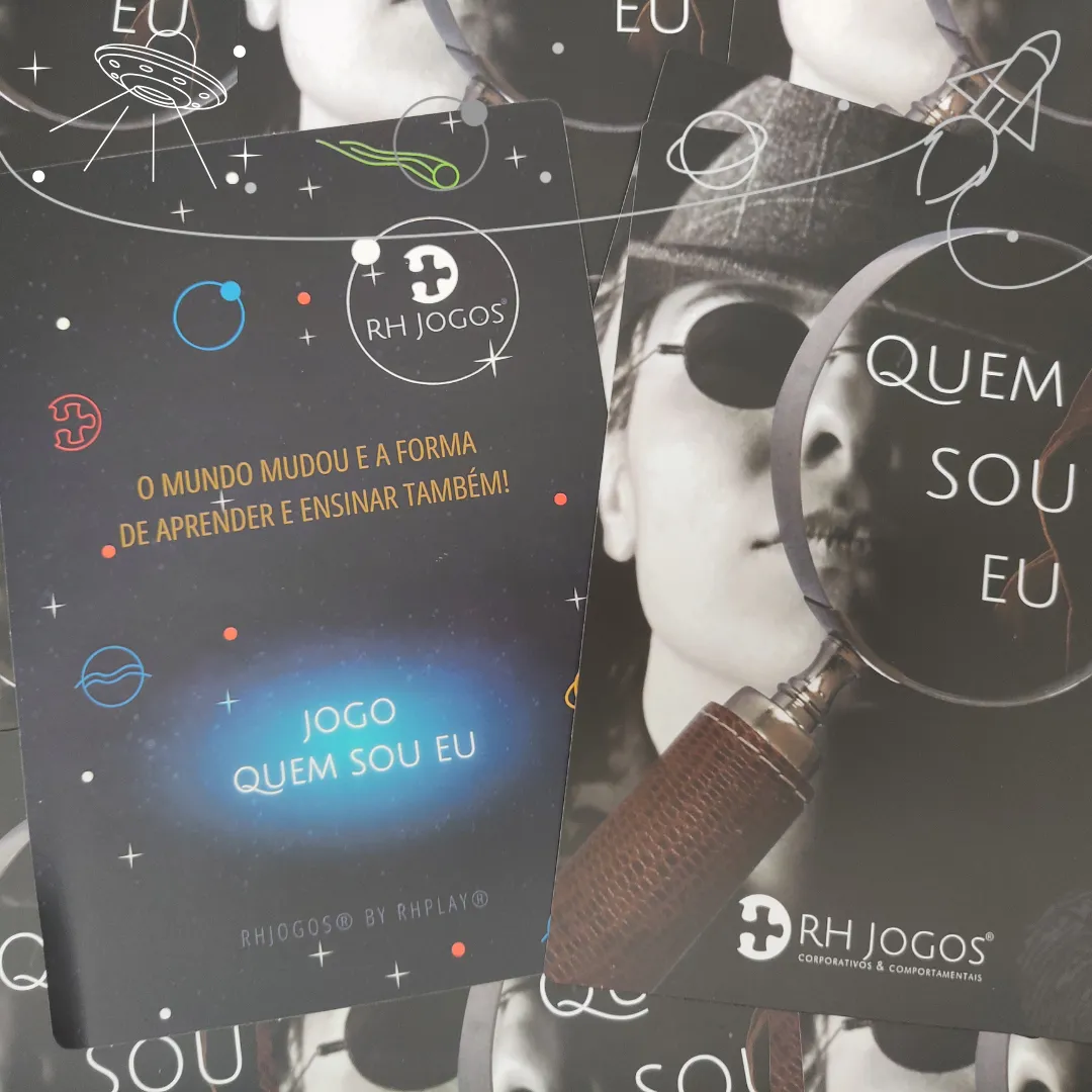Jogo corporativo Quem Sou Eu da RHJOGOS, com cartas ilustradas para desenvolver comunicação, persuasão, criatividade, autoconhecimento e trabalhar riscos psicossociais na NRI1.