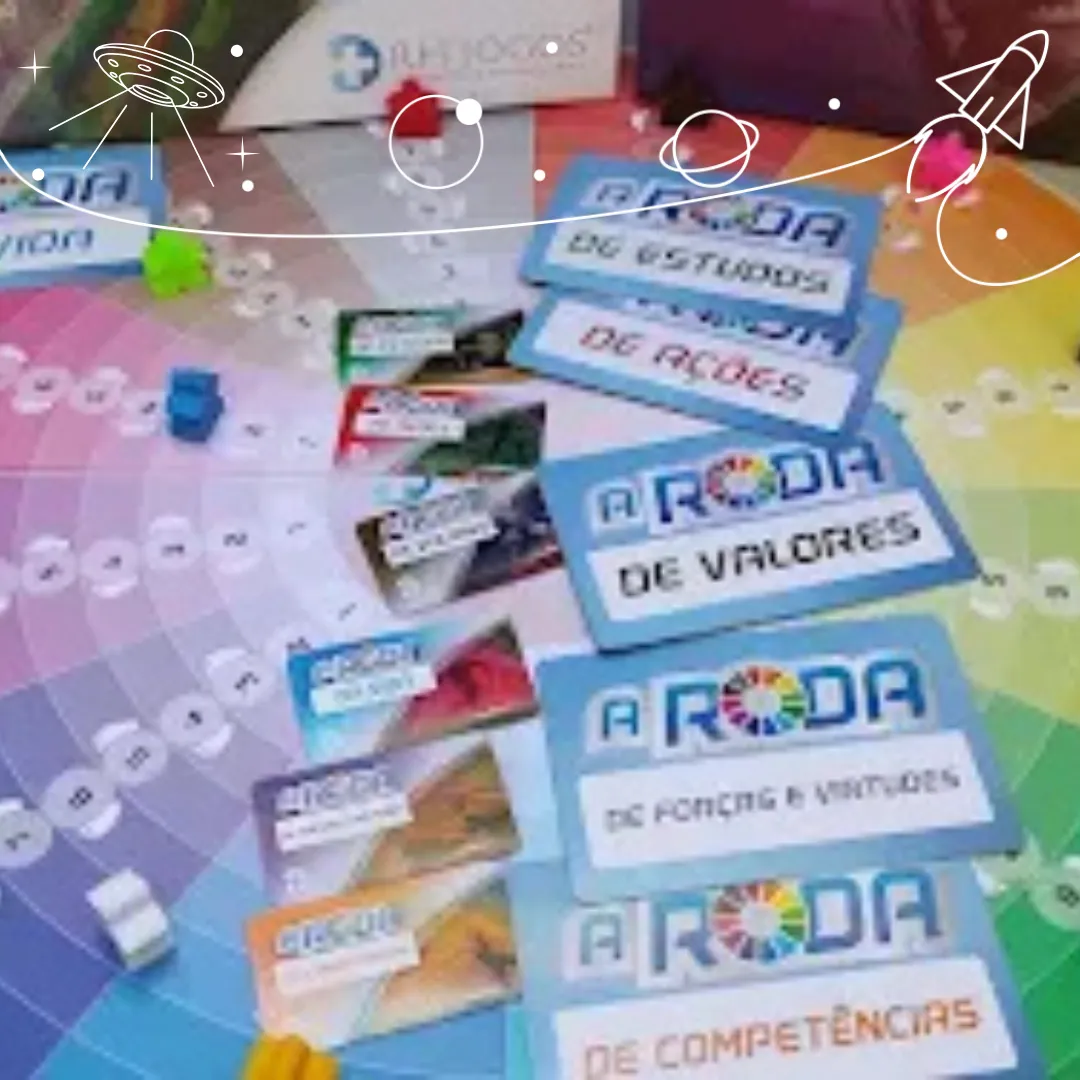 Jogo A Roda é Sua da RHJOGOS usado em processos de coaching, rodas da vida, valores, estudo e autoconhecimento, com cartas coloridas e atividades práticas.