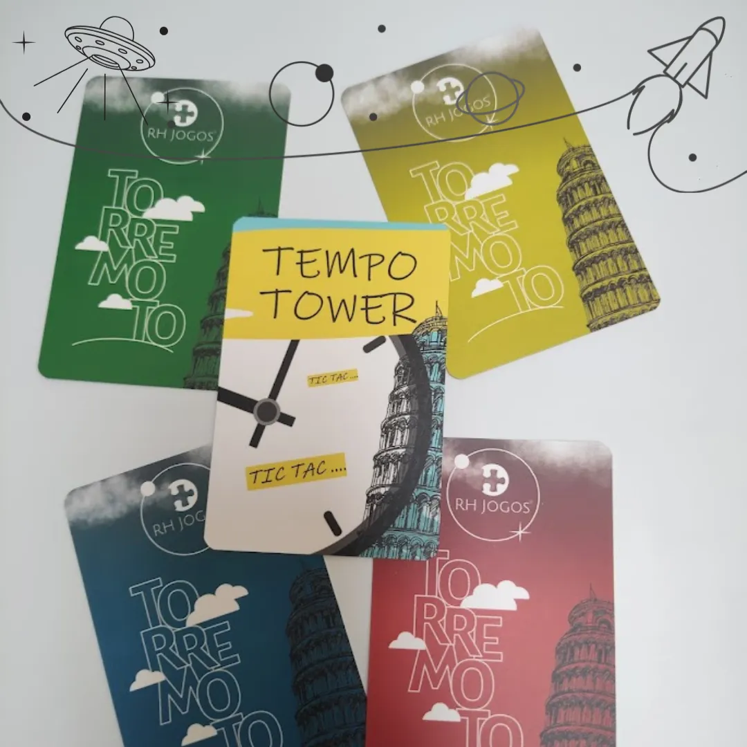 Jogo de Team Building Torremoto da RHJOGOS, simulação de negócios com torres de madeira, bases numeradas e cartas estratégicas para desenvolver negociação, planejamento e gestão de riscos em equipes.