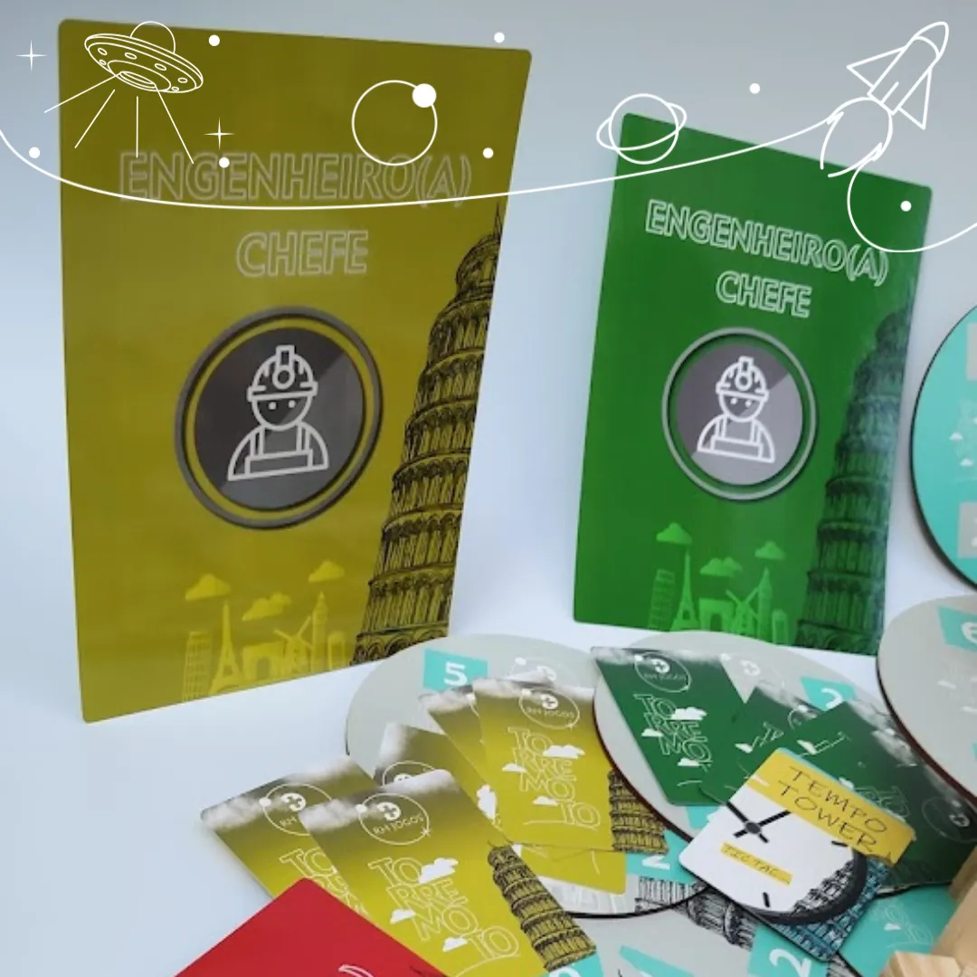 Jogo de Team Building Torremoto da RHJOGOS, simulação de negócios com torres de madeira, bases numeradas e cartas estratégicas para desenvolver negociação, planejamento e gestão de riscos em equipes.