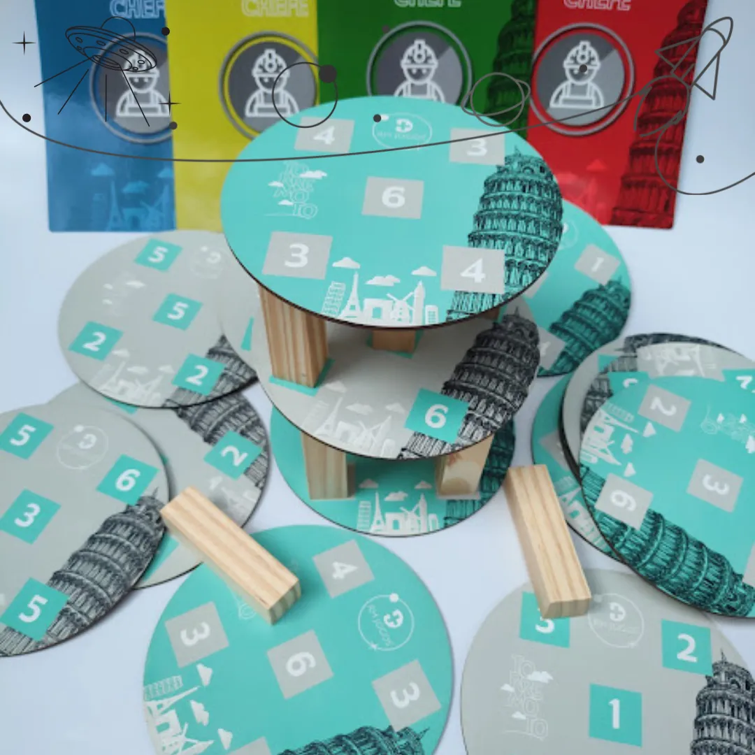 Jogo de Team Building Torremoto da RHJOGOS, simulação de negócios com torres de madeira, bases numeradas e cartas estratégicas para desenvolver negociação, planejamento e gestão de riscos em equipes.
