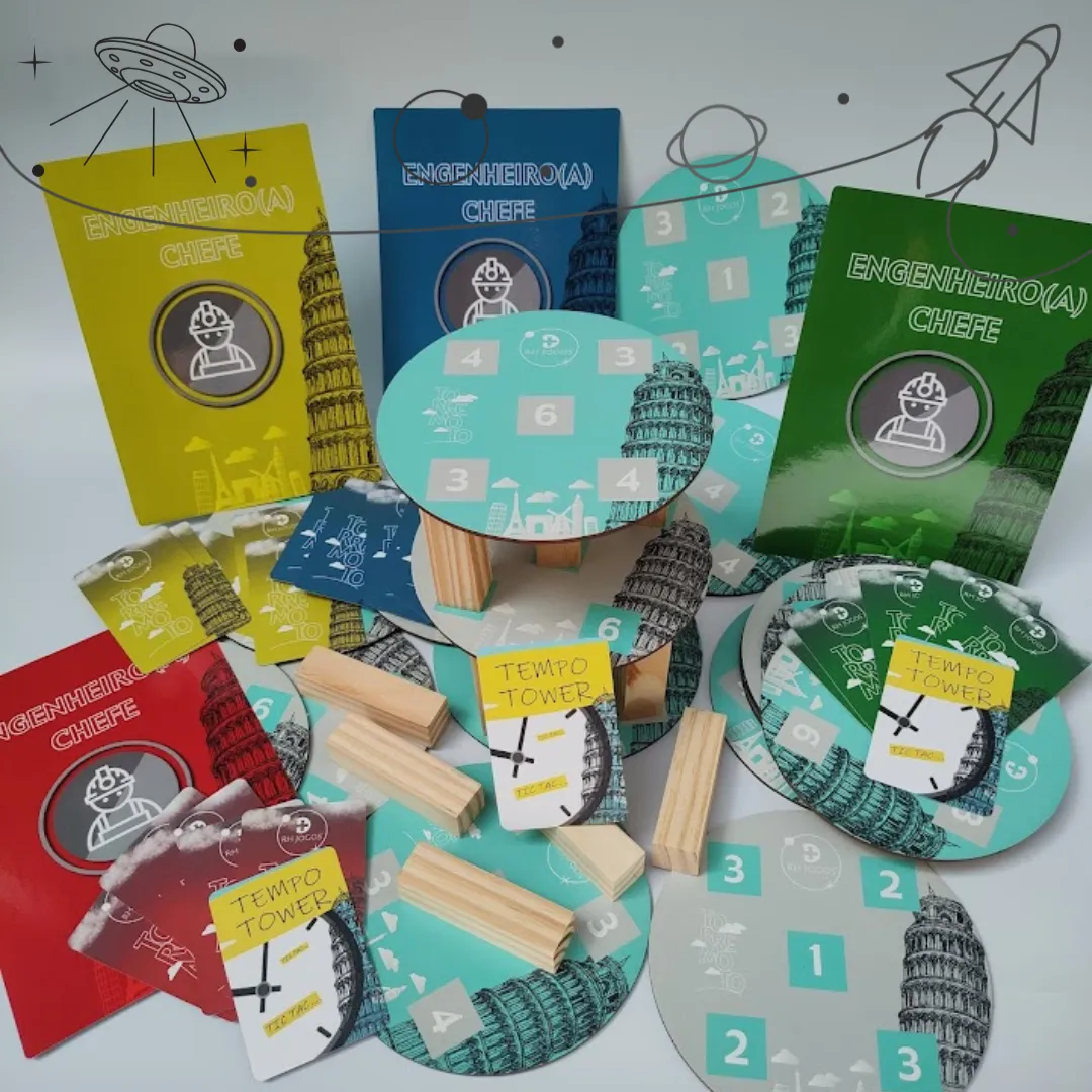 Jogo de Team Building Torremoto da RHJOGOS, simulação de negócios com torres de madeira, bases numeradas e cartas estratégicas para desenvolver negociação, planejamento e gestão de riscos em equipes.