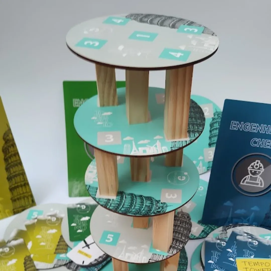 Jogo de Team Building Torremoto da RHJOGOS, simulação de negócios com torres de madeira, bases numeradas e cartas estratégicas para desenvolver negociação, planejamento e gestão de riscos em equipes.