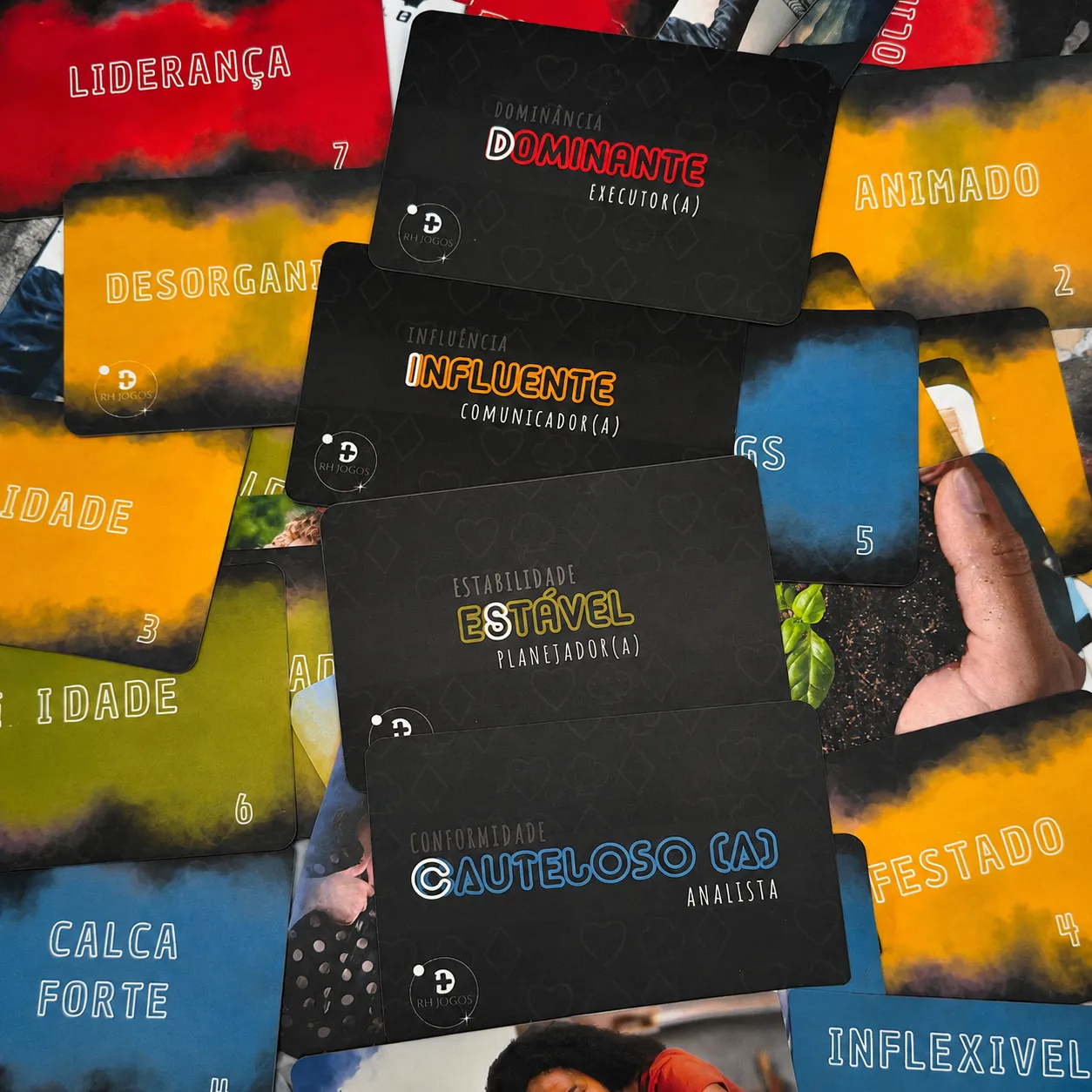 Cartas dos quatro perfis DISC do jogo DISC Imagens RHJOGOS: Dominante Executor, Influente Comunicador, Estável Planejador e Cauteloso Analista