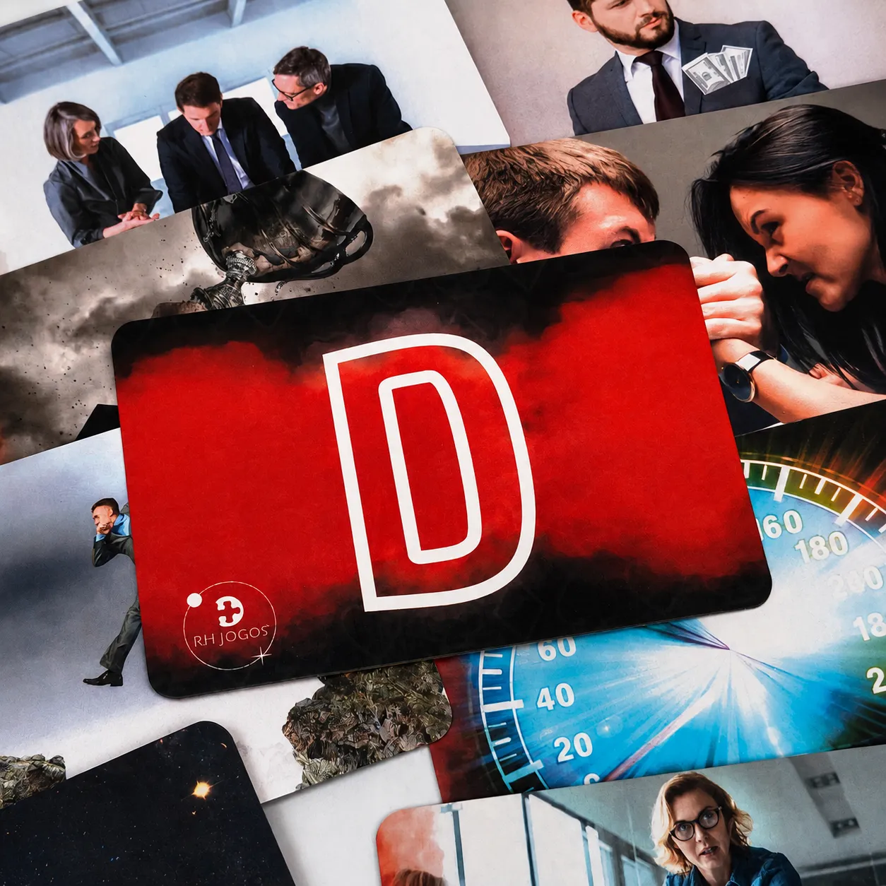 Carta D de Dominância do jogo DISC Imagens RHJOGOS com imagens relacionadas a liderança, competição, decisão, velocidade e foco em resultados